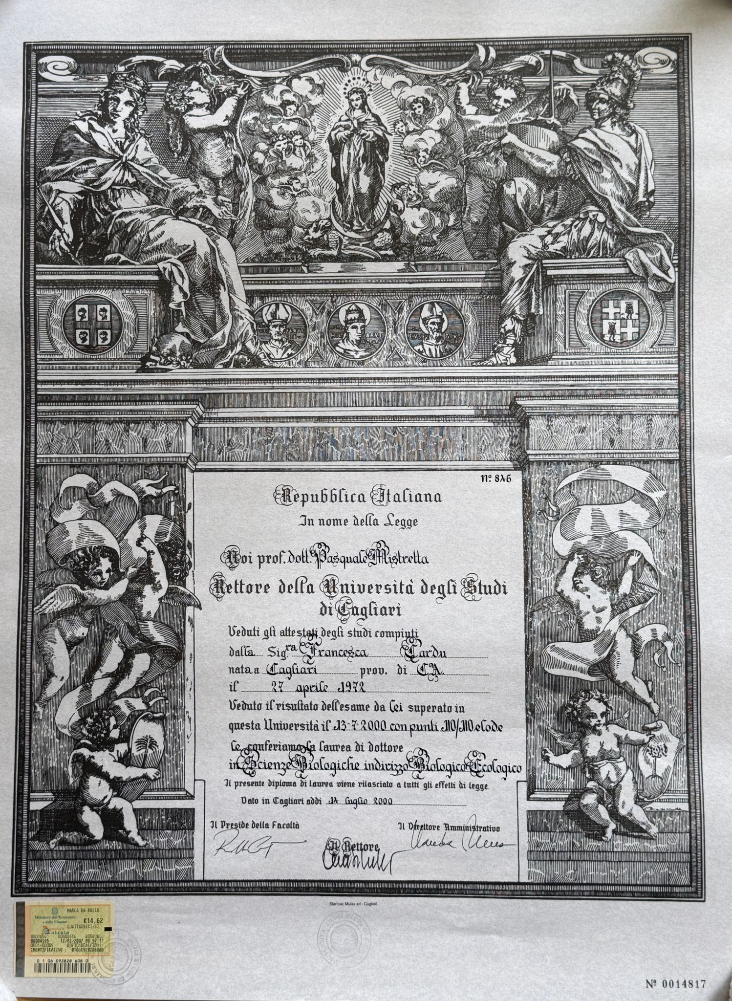 Diploma di laurea in Scienze Biologiche - Università degli Studi di Cagliari